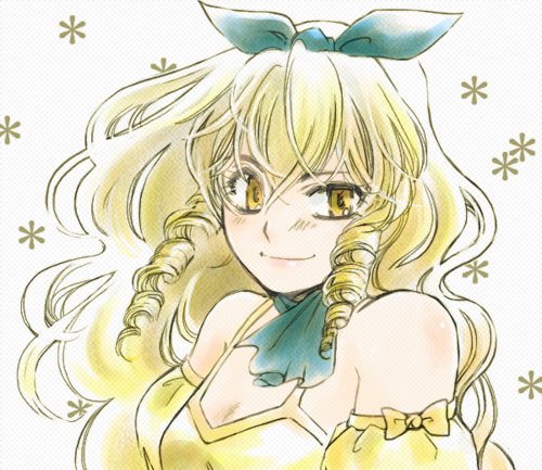 1girl, ascot, blonde_hair, blue_ascot, bow, breasts, brown_eyes, closed_mouth