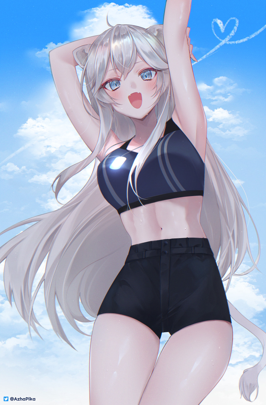 1girl, absurdres, ahoge, animal_ears, arm_behind_head, armpits, arms_up, bare_shoulders, black_shorts, blue_eyes, blush, breasts, cloud, cloudy_sky, contrail, contrapposto, cowboy_shot, fangs, grey_eyes, hair_between_eyes, high-waist_shorts, highres, hololive, large_breasts, leaning_to_the_side, linea_alba, lion_ears, lion_girl, lion_tail, long_hair, looking_at_viewer, midriff, navel, nellku24, open_mouth, shiny_clothes, shiny_skin, shishiro_botan, shishiro_botan_(button-down), short_shorts, shorts, sidelocks, silver_hair, sky, smile, solo, sports_bra, sweat, tail, thigh_gap, very_long_hair, virtual_youtuber