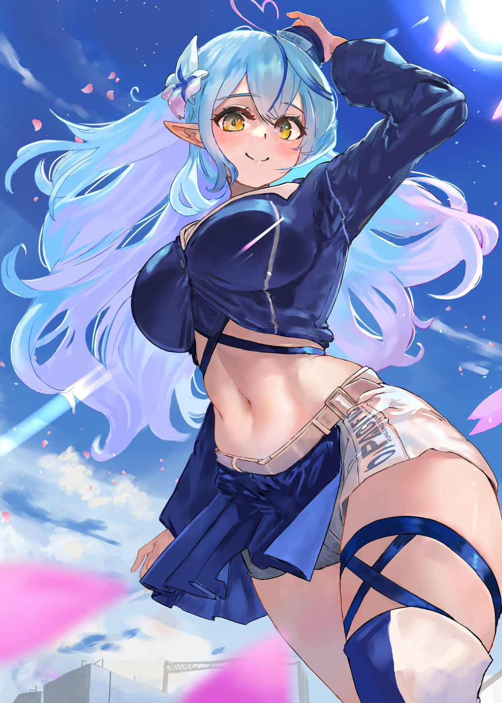 1girl, ahoge, alternate_costume, asymmetrical_legwear, aya_tarou, blue_hair, blue_jacket, blue_skirt, blush, breasts, closed_mouth, cowboy_shot, crop_top, cropped_jacket, curvy, elf, english_text, floating_hair, flower, from_below, gradient_hair, hair_between_eyes, hair_flower, hair_ornament, half-skirt, hat, heart, heart_ahoge, highres, holding, holding_unworn_clothes, holding_unworn_hat, hololive, jacket, large_breasts, lens_flare, light_rays, linea_alba, long_hair, long_sleeves, looking_at_viewer, midriff, mini_hat, miniskirt, multicolored_hair, navel, petals, pleated_skirt, pointy_ears, purple_hair, race_queen, short_shorts, shorts, single_thighhigh, skirt, sky, smile, solo, streaked_hair, sunlight, thigh_strap, thighhighs, unworn_hat, unworn_headwear, virtual_youtuber, white_shorts, wide_hips, wind, yellow_eyes, yukihana_lamy