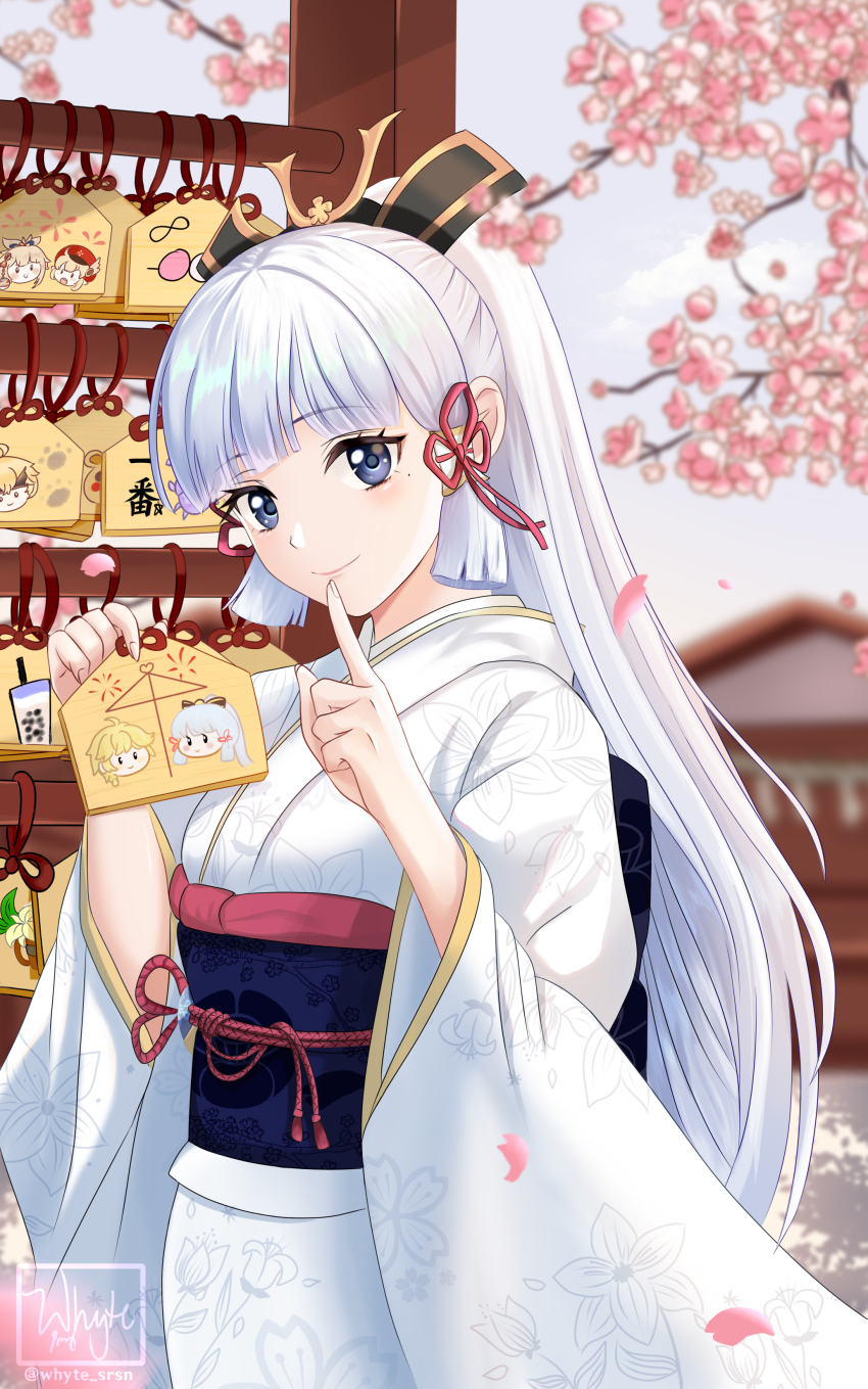 1girl, absurdres, aether_(genshin_impact), alternate_costume, ayaka_(genshin_impact), blunt_bangs, blurry, bow