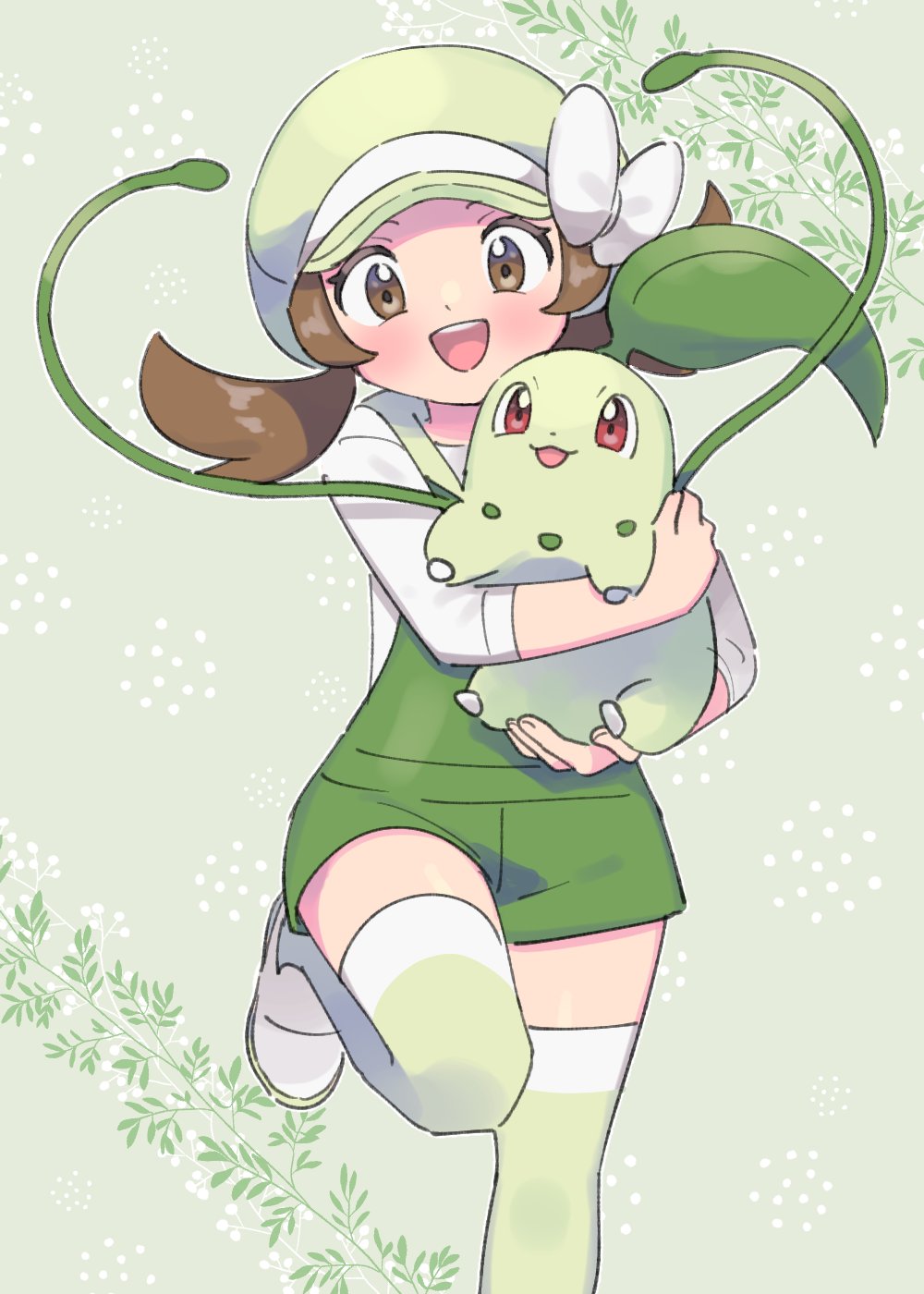 1girl, alternate_color, alternate_costume, brown_eyes, brown_hair, chikorita, crossed_arms, gen_2_pokemon