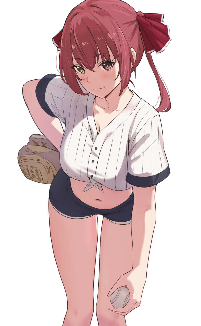 1girl, absurdres, alternate_costume, ball, baseball, baseball_glove, baseball_uniform, blush