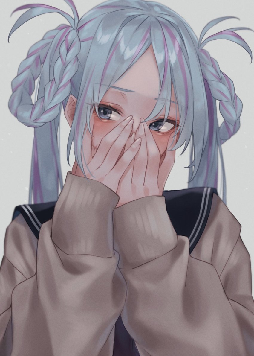1girl, bad_id, bad_twitter_id, banana_oekaki, blush, braid, covering_face, grey_hair