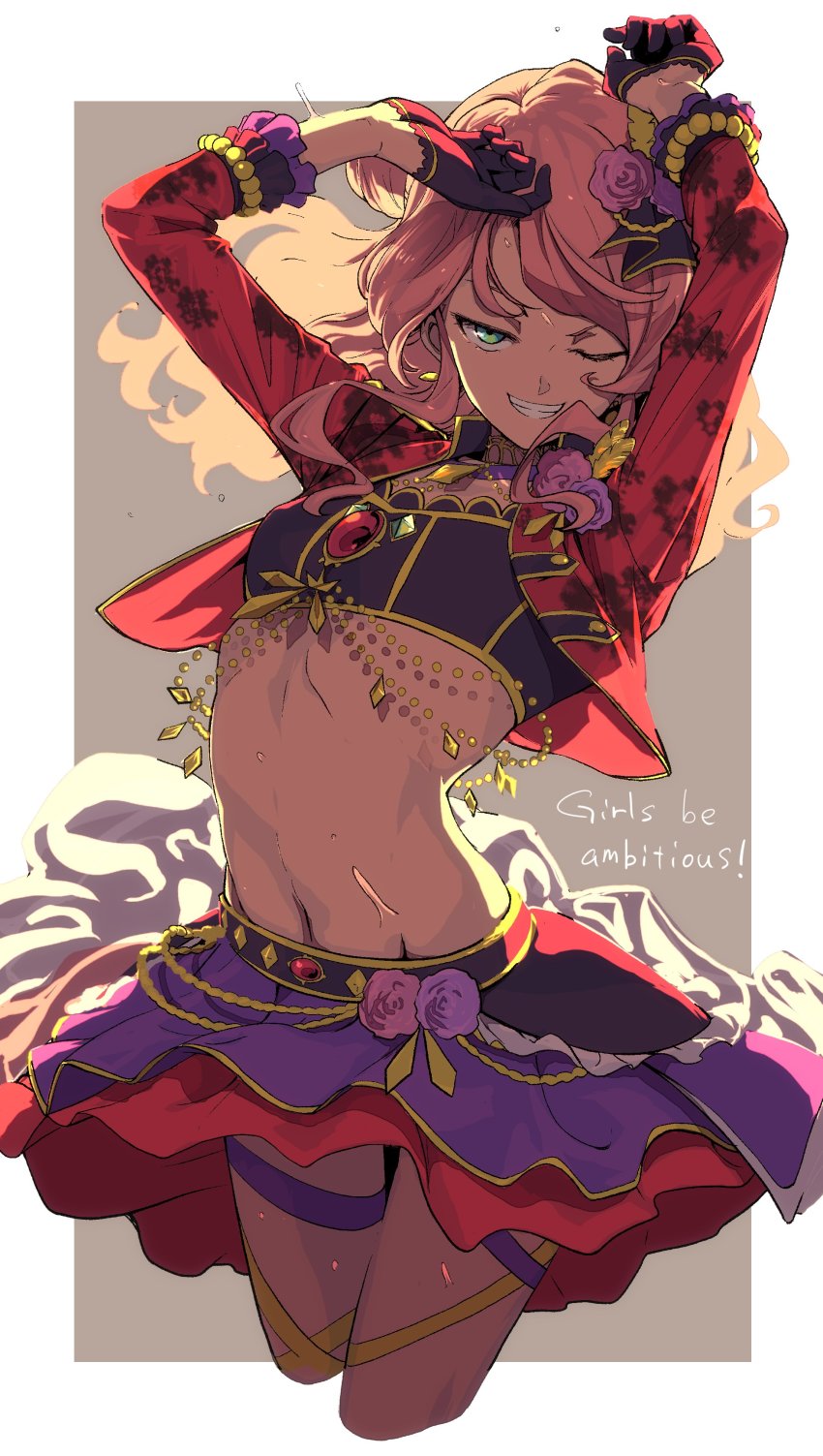 1girl, absurdres, aikatsu!_(series), aikatsu_friends!, arched_back, arms_up, backlighting, black_gloves