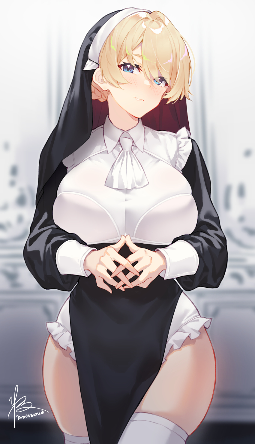 1girl, absurdres, artist_name, blonde_hair, blue_eyes, blush, braid, breasts