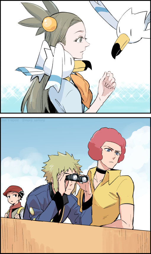 1girl, 2koma, 3boys, afro, animal, animal_on_shoulder, arm_support, beak