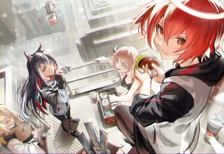4girls, absurdres, animal_ears, arknights, black_capelet, black_gloves, black_hair, black_legwear, black_shorts, black_skirt, blonde_hair, box, brown_eyes, burger, capelet, carbon_(arknights), closed_mouth, croissant_(arknights), crop_top, cup, day, disposable_cup, drone, eating, exusiai_(arknights), fingerless_gloves, food, food_on_face, from_above, gloves, green_eyes, halo, highres, holding, holding_food, holding_stuffed_toy, jacket, pantyhose_under_shorts, long_sleeves, looking_at_viewer, looking_up, miniskirt, multicolored_hair, multiple_girls, orange_hair, outdoors, pantyhose, pocky, railing, red_hair, short_hair, shorts, sitting, skirt, smile, sora_(arknights), standing, stuffed_animal, stuffed_rabbit, stuffed_toy, sunlight, texas_(arknights), two-tone_hair, white_jacket, wolf_ears, yo-ba_yo