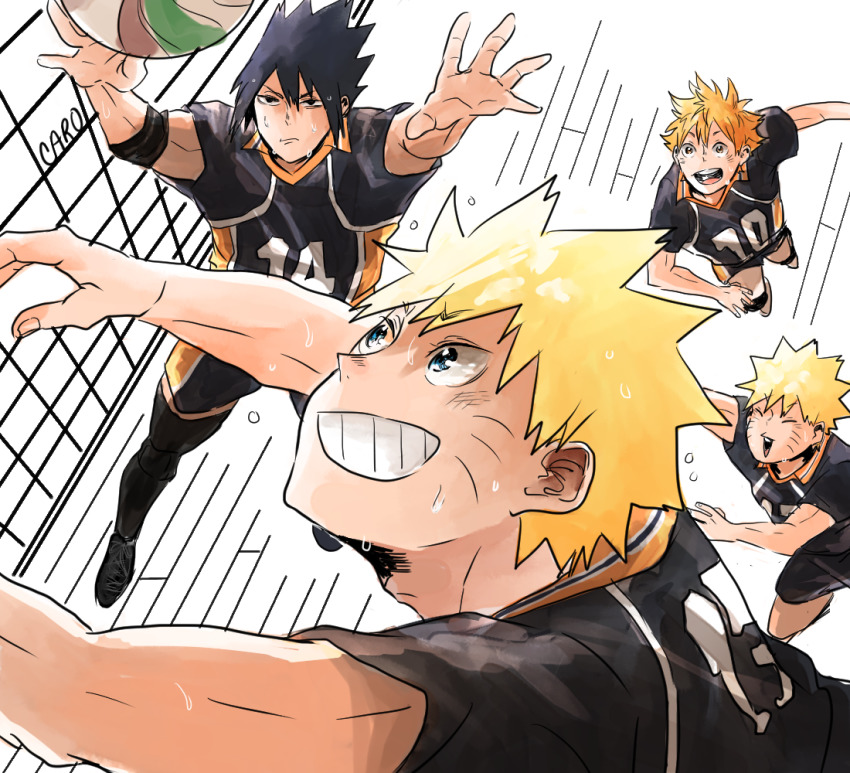 4boys, azebra-was-here, ball, black_hair, blonde_hair, crossover, elbow_pads, facial_mark, grin, haikyuu!!, hinata_shouyou, knee_pads, looking_at_object, male_focus, multiple_boys, naruto_(classic), naruto_(series), open_mouth, orange_hair, playing_sports, signature, smile, spiked_hair, sportswear, sweat, uchiha_sasuke, uzumaki_naruto, volleyball, volleyball_(object), volleyball_net, volleyball_uniform, whisker_markings