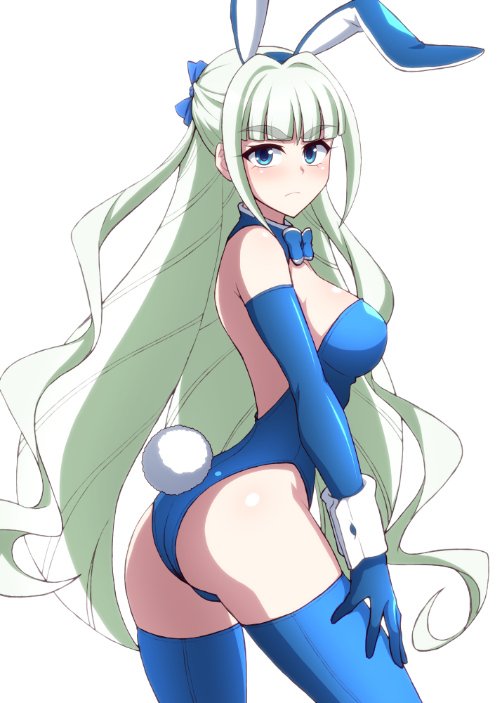 1girl, animal_ears, ass, blue_eyes, blue_leotard, blush, breasts, detached_collar, drill_hair, fake_animal_ears, fake_tail, from_behind, leotard, light_green_hair, long_hair, looking_at_viewer, looking_back, medium_breasts, playboy_bunny, rabbit_ears, rabbit_tail, saint-germain_(symphogear), senki_zesshou_symphogear, shiny_skin, simple_background, solo, standing, strapless, strapless_leotard, tail, white_background, wrist_cuffs, zetsumu