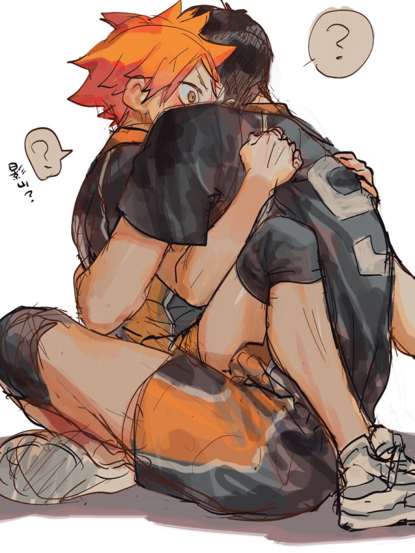 2boys, 830_(hamio), ?, black_hair, brown_eyes, clothes_grab, haikyuu!!, highres, hinata_shouyou, hug, kageyama_tobio, knee_pads, messy_hair, multiple_boys, orange_hair, grabbing_another's_shirt, sitting, sketch, solo, speech_bubble, sportswear, volleyball_uniform, white_background, yaoi