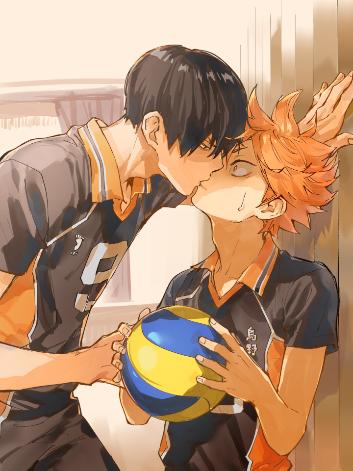 2boys, 830_(hamio), against_wall, ball, black_hair, curtains, haikyuu!!, hinata_shouyou, holding, holding_ball, kageyama_tobio, kiss, looking_at_another, male_focus, messy_hair, multiple_boys, orange_eyes, orange_hair, sportswear, sweatdrop, volleyball, volleyball_(object), volleyball_uniform, yaoi