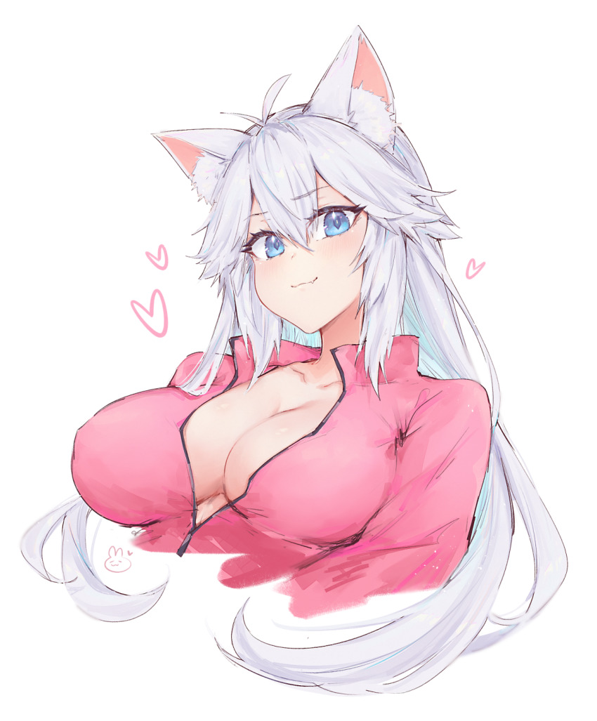 1girl, animal_ears, blue_eyes, breasts, cat_ears, cleavage, closed_mouth, collarbone