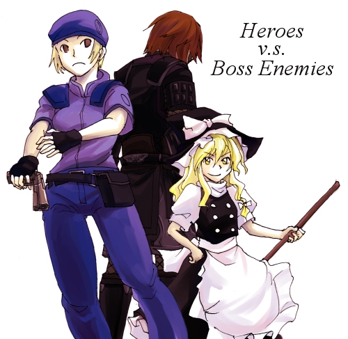 00s, 1boy, 2girls, bad_id, bad_pixiv_id, blonde_hair, brown_hair, capcom