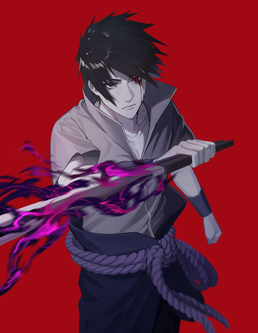 1boy, absurdres, black_eyes, black_hair, blood, bloody_tears, eyebrows_hidden_by_hair, hair_over_eyes, highres, male_focus, mangekyou_sharingan, mond_sl, motion_blur, naruto_(series), naruto_shippuuden, red_background, reverse_grip, sharingan, solo, sword, uchiha_sasuke, upper_body, weapon