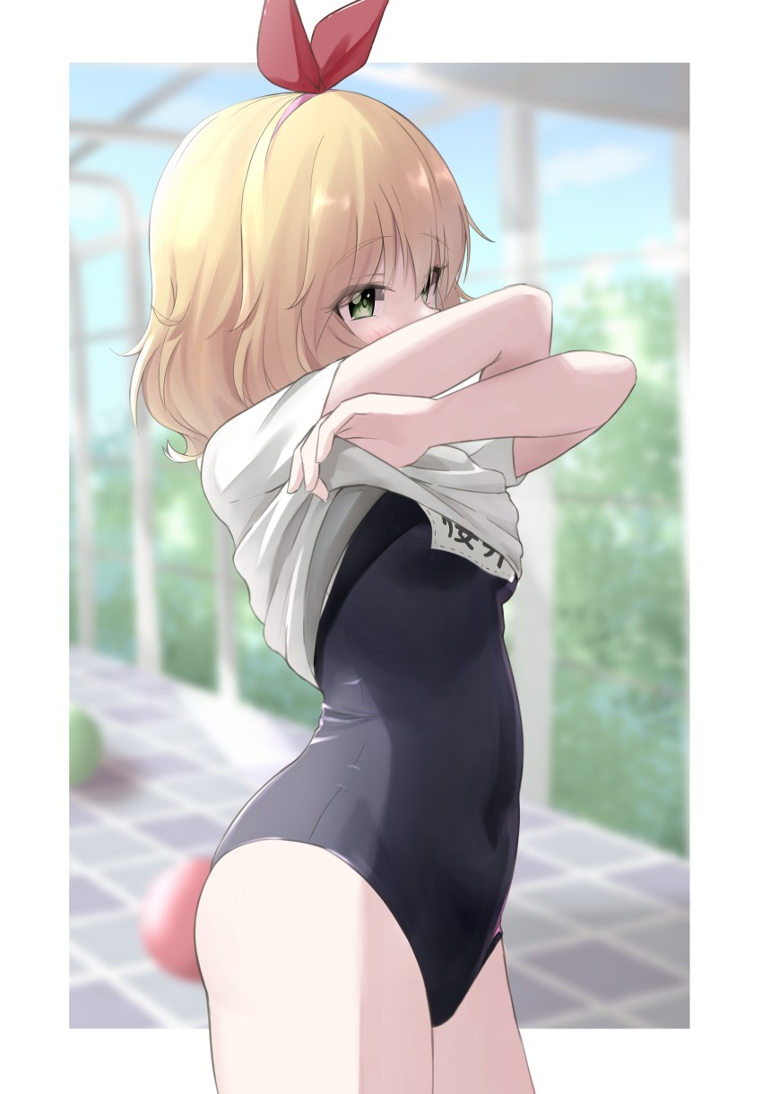 1girl, absurdres, blonde_hair, blurry, blurry_background, blush, clothes_lift, eyes_visible_through_hair