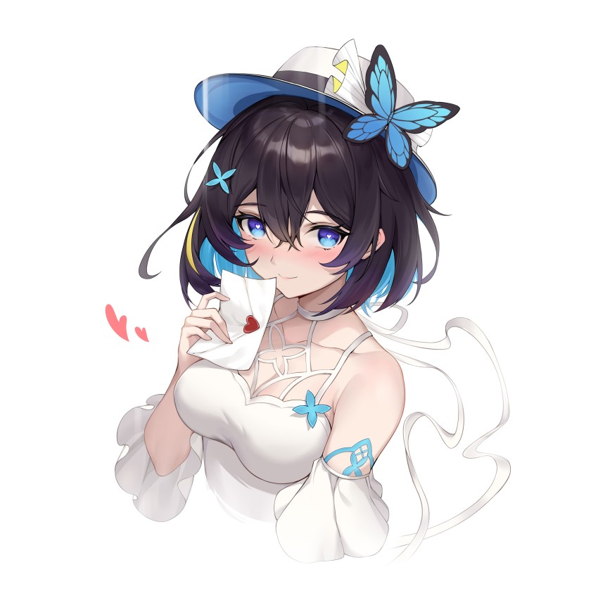 1girl, absurdres, black_hair, blonde_hair, blue_eyes, blush, breasts, butterfly_hat_ornament