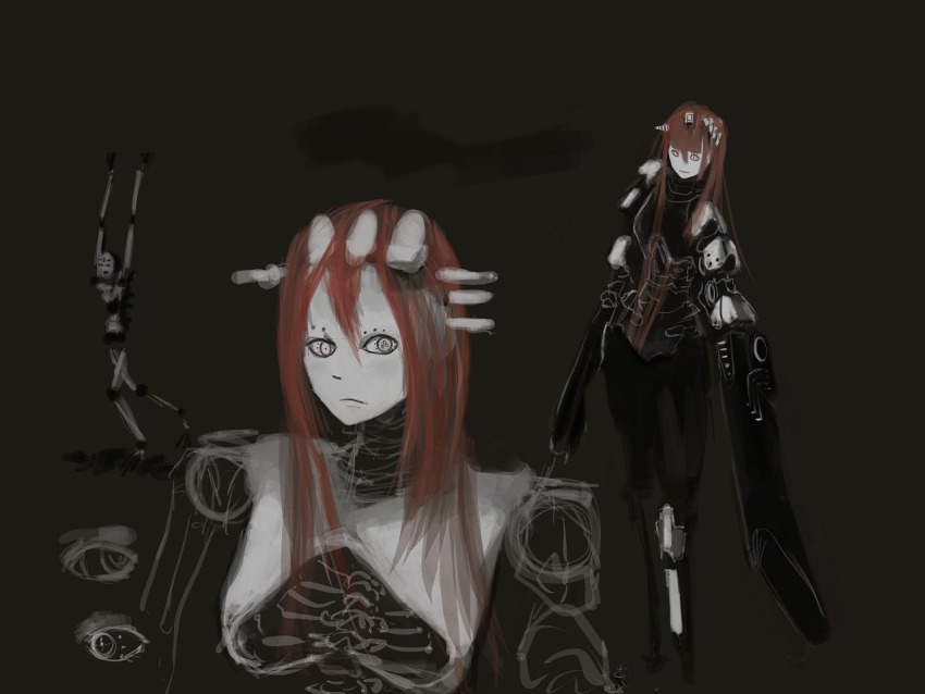 1girl, 1other, amacalva, arms_up, blame!, closed_mouth, commentary, commentary_request