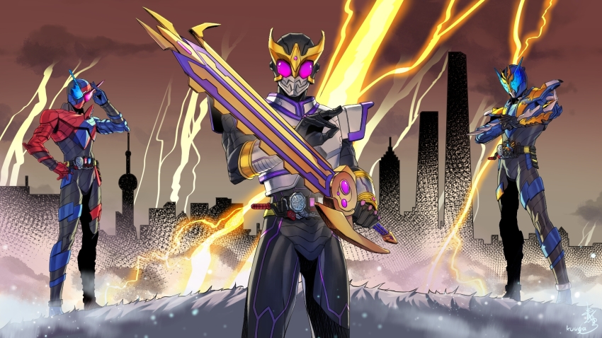 3boys, animal_ears, armor, bare_shoulders, belt, blue_armor, blue_eyes, blue_gloves