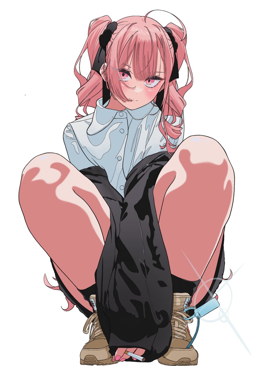 1girl, absurdres, ahoge, black_jacket, black_ribbon, black_skirt, blunt_bangs, blush