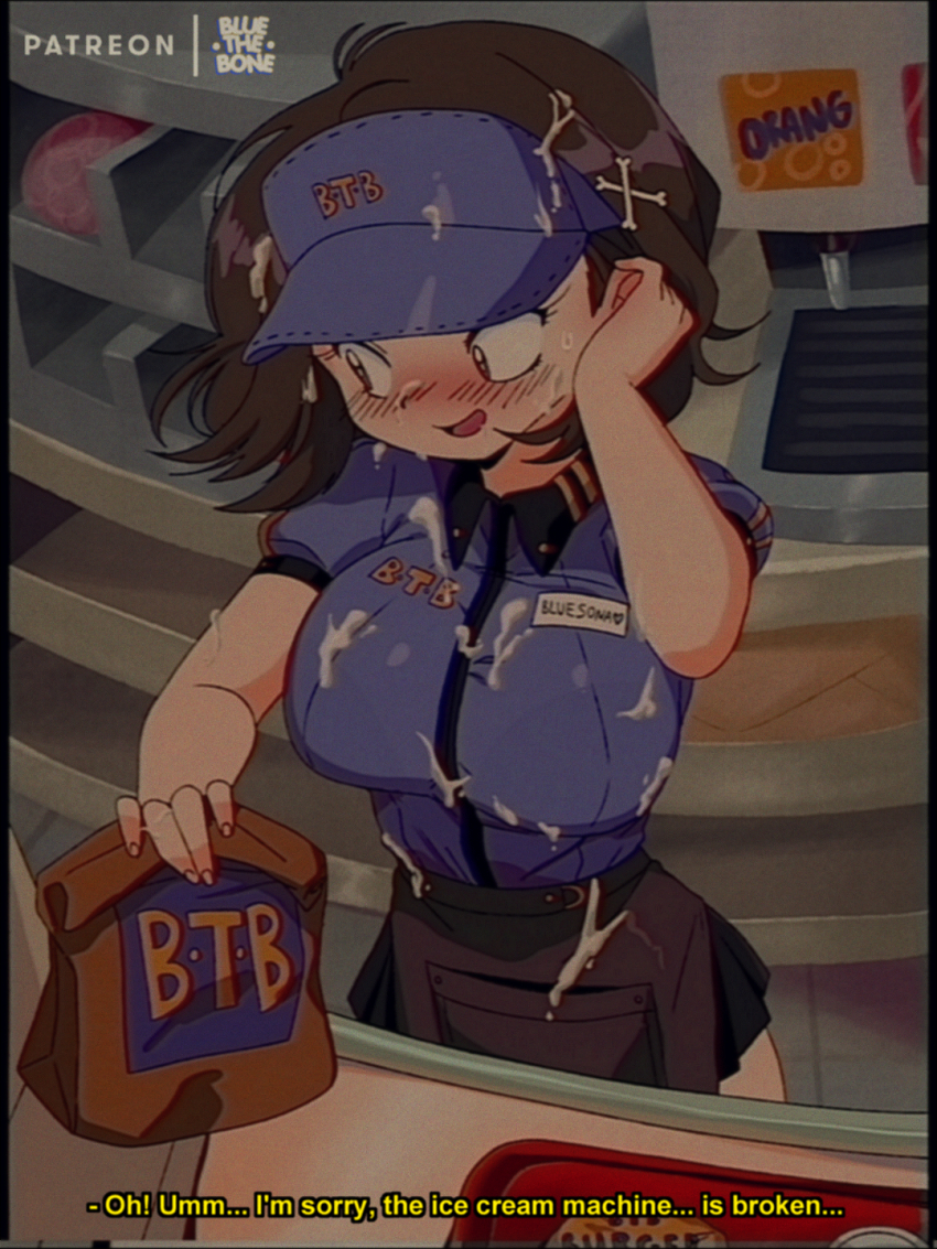 1990s_(style), 1girl, artist_logo, bag, black_skirt, blue_shirt, bluesona_(bluethebone), bluethebone