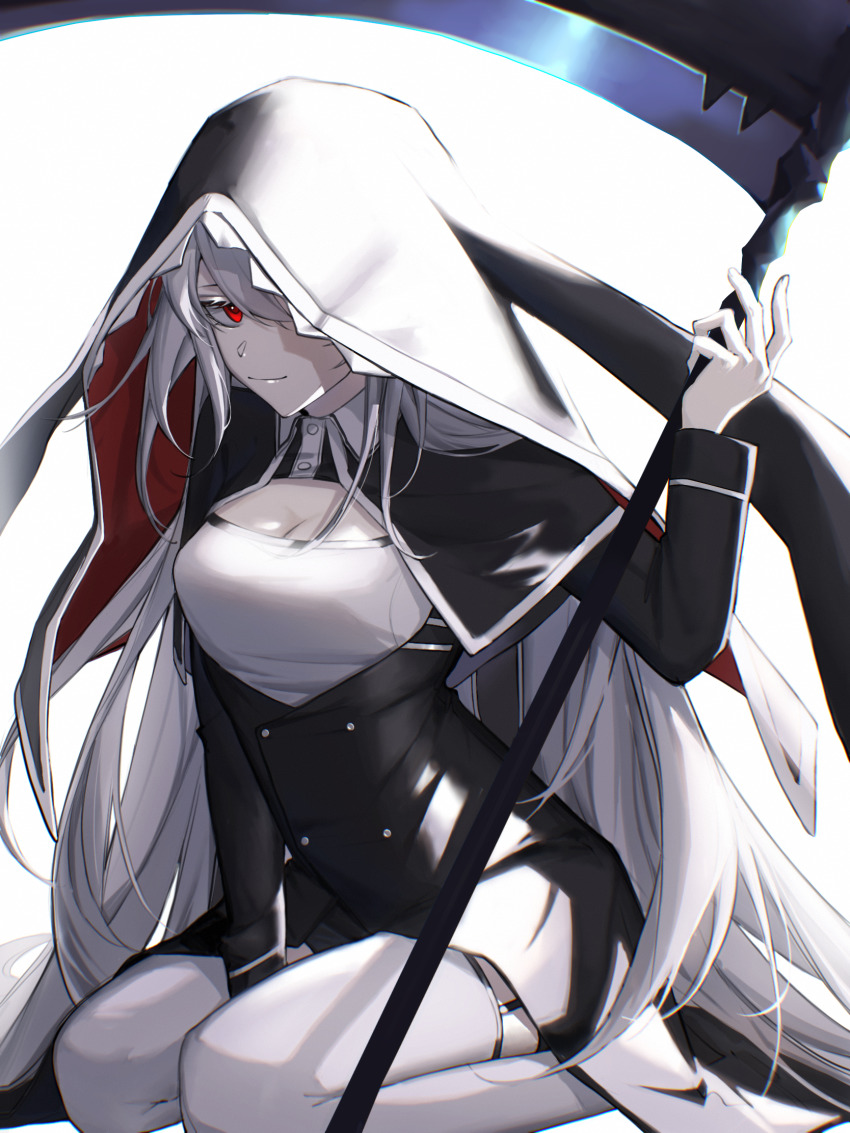 1girl, arknights, black_dress, breasts, cleavage, dress, garter_straps, highres, holding, holding_scythe, holding_weapon, long_hair, long_sleeves, red_eyes, scythe, seiza, shark_(theelegantshark), silver_hair, sitting, solo, specter_(arknights), thighhighs, veil, very_long_hair, weapon, white_thighhighs