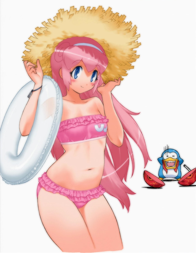 1girl, bandeau, bikini, blue_eyes, erul_tron, frilled_bikini, frills, hairband, hat, innertube, konami, long_hair, navel, official_art, otomedius, pink_hair, see-through_clothes, strapless, straw_hat, swim_ring, swimsuit, tube_top, yoshizaki_mine