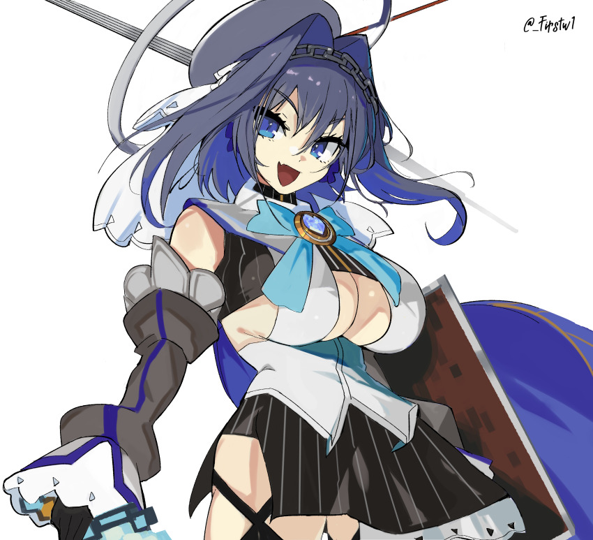 1girl, absurdres, asymmetrical_clothes, black_gloves, black_thighhighs, blue_cape, blue_eyes, blue_hair