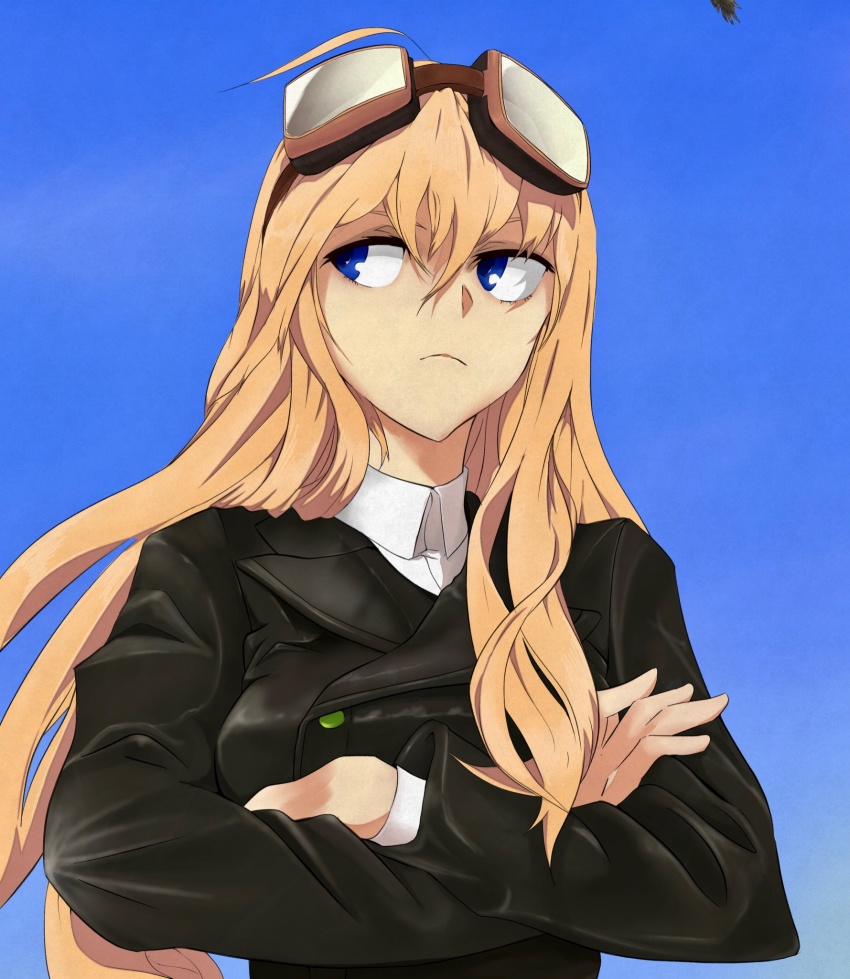 1girl, black_jacket, blonde_hair, blue_eyes, blue_sky, collared_shirt, crossed_arms, frown
