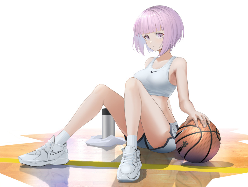 1girl, ass, ball, bare_shoulders, basketball, basketball_(object), basketball_court, blunt_bangs