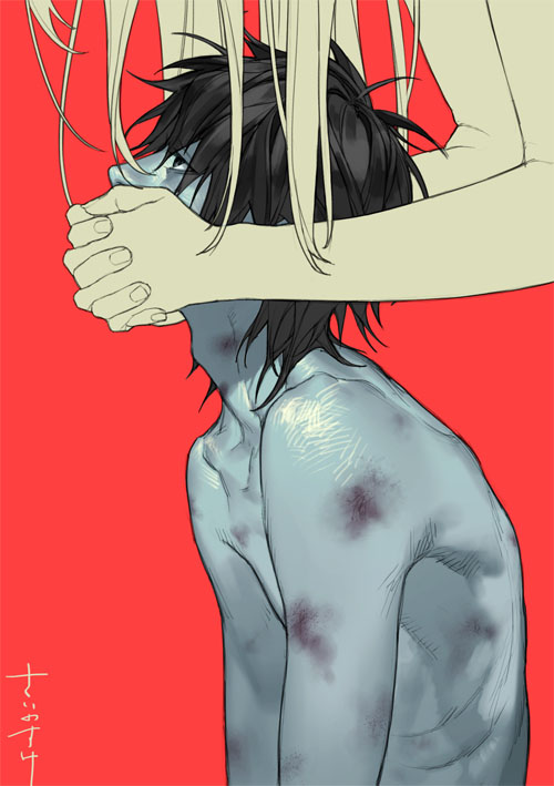 1boy, 1girl, black_eyes, black_hair, bruise, collarbone, colored_skin, covering_another's_mouth, fingernails, grey_skin, hand_over_another's_mouth, injury, japants, long_hair, looking_at_another, looking_up, male_focus, mother_and_child, mother_and_son, nude, original, parent_and_child, red_background, signature, simple_background, solo, upper_body
