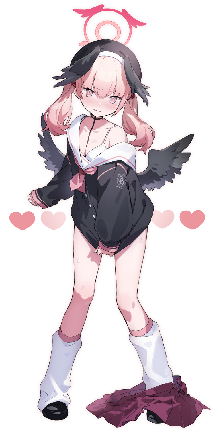 1girl, between_breasts, black_choker, black_footwear, black_hat, black_serafuku, black_wings, blue_archive