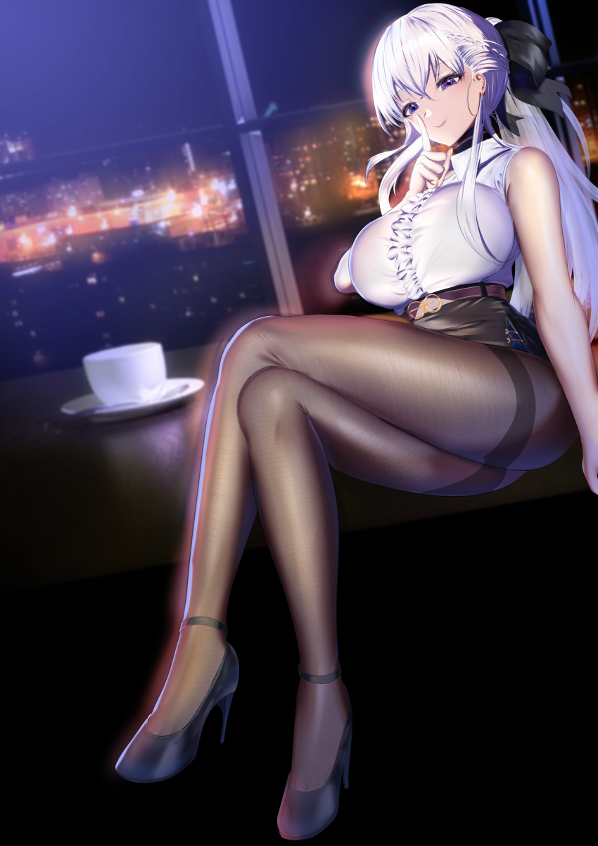 1girl, absurdres, alternate_costume, azur_lane, bare_shoulders, belfast_(azur_lane), black_ribbon, blue_eyes, braid, city_lights, cityscape, coffee, crossed_legs, cup, disposable_cup, finger_to_face, gosama, hair_ribbon, half_up_braid, high_heels, highres, mug, night, office_lady, pantyhose, pencil_skirt, ponytail, ribbon, saucer, shirt, silver_hair, skirt, skyline, sleeveless, sleeveless_shirt, spoon, thighband_pantyhose