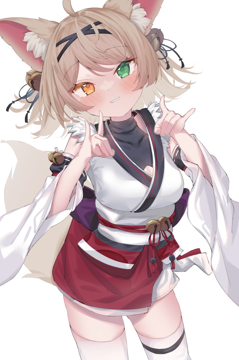 1girl, adapted_costume, alternate_species, animal_ear_fluff, animal_ears, bell, commission, detached_sleeves, eip_(pepai), fox_ears, fox_girl, fox_shadow_puppet, fox_tail, green_eyes, hair_bell, hair_ornament, heterochromia, highres, japanese_clothes, light_brown_hair, prism_project, skeb_commission, solo, suzune_nia, tail, thighhighs, virtual_youtuber, yellow_eyes