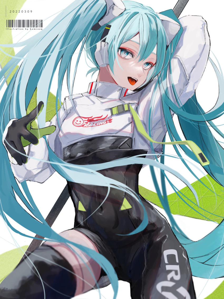 1girl, aegyo_sal, aqua_eyes, aqua_hair, arm_behind_head, arm_up, asymmetrical_bodysuit, barcode, black_bodysuit, bodysuit, commentary, crop_top, crop_top_overhang, cropped_jacket, flagpole, flame_print, gloves, goodsmile_company, goodsmile_racing, hatsune_miku, headphones, highres, holding, holding_pole, kaminoq, long_hair, looking_at_viewer, navel, open_mouth, pole, racing_miku, racing_miku_(2022), single_thighhigh, skin_tight, smiley_face, thighhighs, twintails, two-tone_gloves, very_long_hair, vocaloid