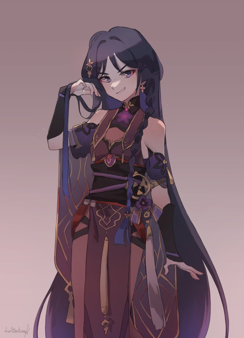 1girl, :d, alternate_breast_size_(smaller), bare_shoulders, breasts, china_dress, chinese_clothes, cleavage, cosplay, dress, genderswap, genderswap_(otf), genshin_impact, grin, heliyoru, highres, honkai_(series), honkai_impact_3rd, long_hair, long_sleeves, looking_at_viewer, mihoyo, open_mouth, purple_background, purple_eyes, purple_hair, raiden_mei, raiden_mei_(cosplay), raiden_mei_(herrscher_of_thunder), raiden_mei_(rainy_springtide), scaramouche_(genshin_impact), small_breasts, smile, solo, teeth, very_long_hair