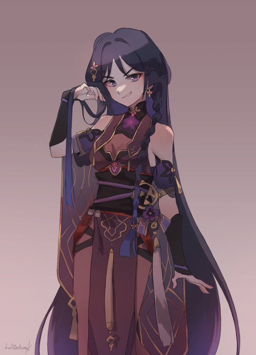 1girl, :d, bare_shoulders, breasts, china_dress, chinese_clothes, cleavage, cosplay, dress, genderswap, genderswap_(otf), genshin_impact, grin, heliyoru, highres, honkai_(series), honkai_impact_3rd, long_hair, long_sleeves, looking_at_viewer, mihoyo, open_mouth, purple_background, purple_eyes, purple_hair, raiden_mei, raiden_mei_(cosplay), raiden_mei_(herrscher_of_thunder), raiden_mei_(rainy_springtide), scaramouche_(genshin_impact), smile, solo, teeth, very_long_hair