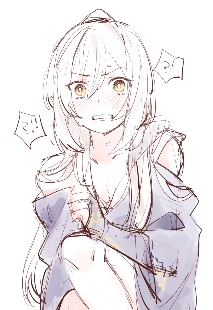 34_lol7, bare_shoulders, blush, breasts, cleavage, clothes_down, cuffs, genderswap, knee_up, league_of_legends, long_hair, nervous, sleeveless, surprised, talon_(league_of_legends), white_background, white_hair, yellow_eyes