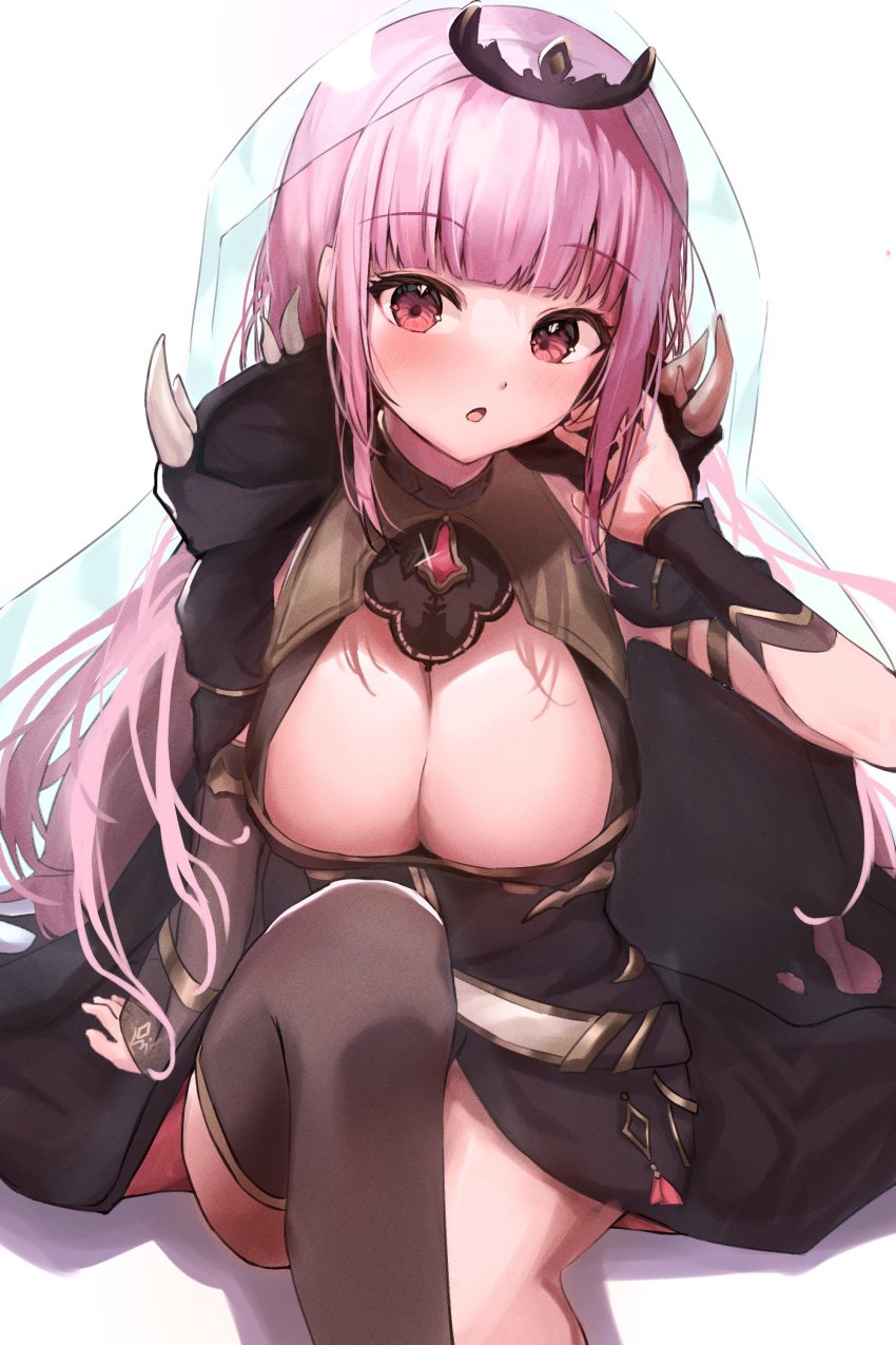 1girl, :o, absurdres, beil, black_cape, black_dress, black_thighhighs, breasts, cape, cleavage, commentary_request, detached_sleeves, dress, highres, hololive, hololive_english, knee_up, large_breasts, long_hair, looking_at_viewer, mori_calliope, open_mouth, pink_hair, red_eyes, simple_background, single_detached_sleeve, single_thighhigh, sitting, solo, soyoghi, spikes, thighhighs, tiara, veil, very_long_hair, virtual_youtuber, white_background