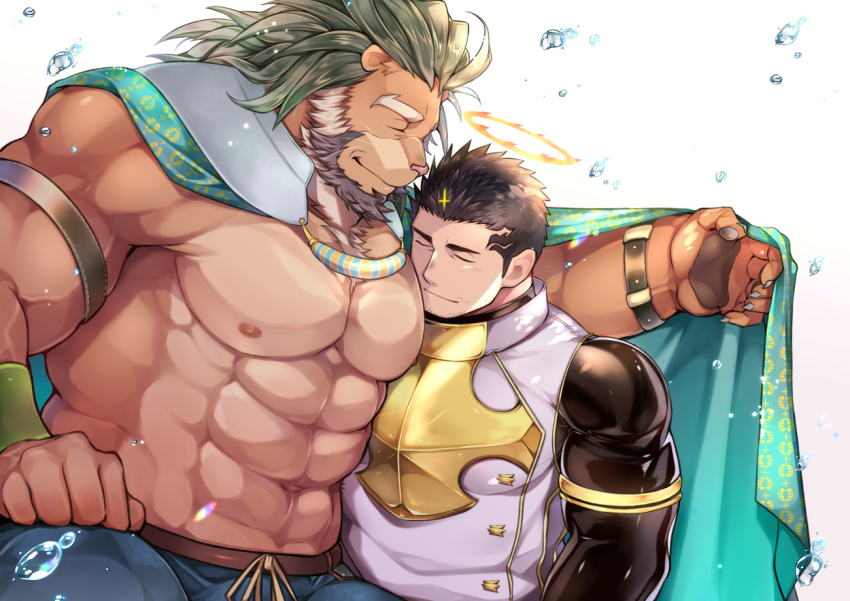 2boys, abs, animal_hands, armband, arsalan_(housamo), bara, beard, belt
