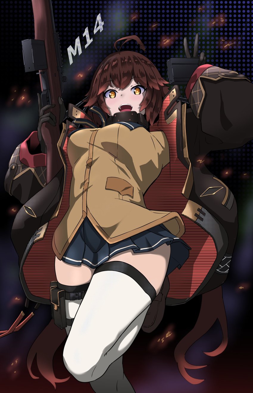 1girl, ahoge, battle_rifle, black_gloves, black_jacket, blue_skirt, brown_hair, brown_jacket