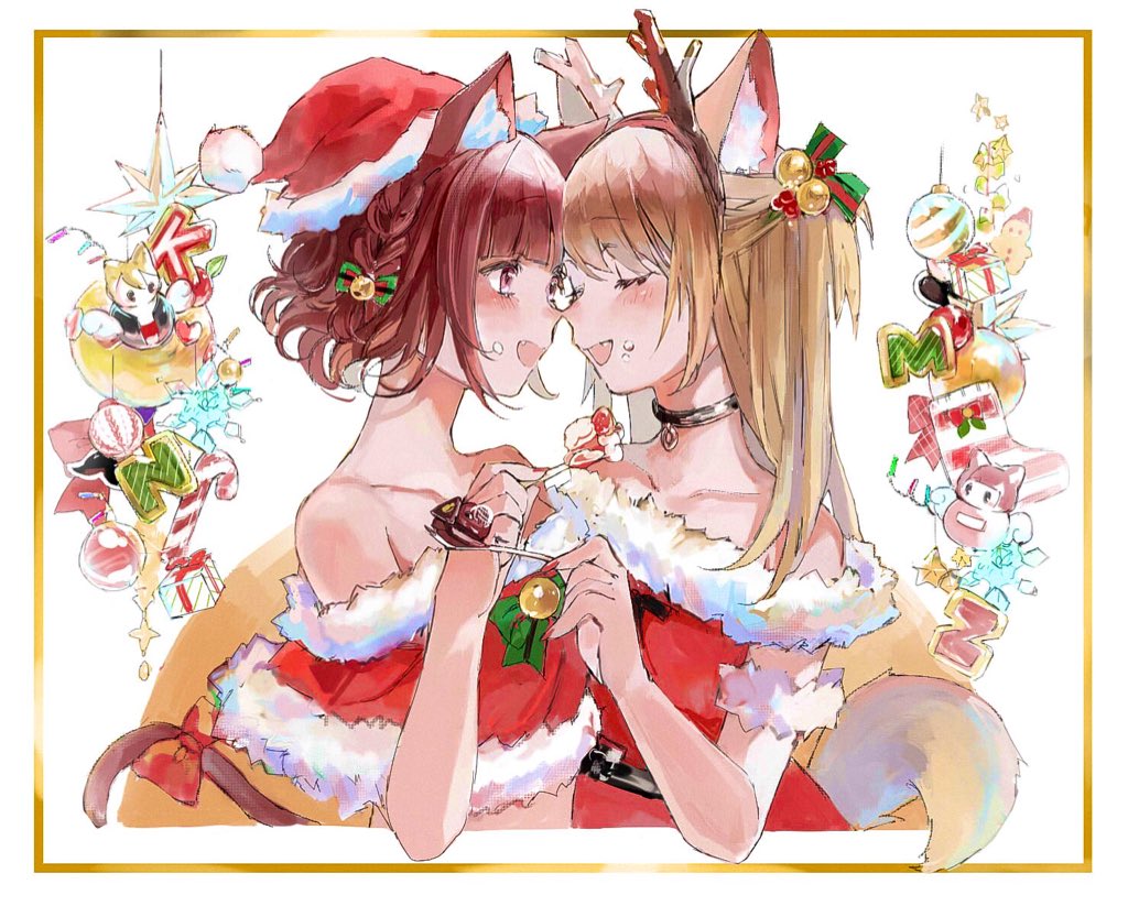 2girls, animal_ears, antlers, bare_shoulders, blush, bow, cat_ears, cat_girl, cat_tail, christmas_ornaments, christmas_present, christmas_stocking, closed_eyes, collarbone, commentary, dog_ears, dog_girl, dog_tail, dress, face-to-face, facing_another, feeding, food, from_side, gift, hat, holding, holding_food, horns, kikiyu, kmnz, lita_(kmnz), liz_(kmnz), looking_at_another, multiple_girls, open_mouth, profile, red_bow, reindeer_antlers, santa_costume, santa_dress, santa_hat, smile, untranslatable_commentary, tail, tail_bow, tail_ornament, virtual_youtuber, yuri