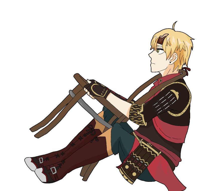 1boy, ahoge, blonde_hair, chair, fake_horns, fingerless_gloves, gabkur, genshin_impact