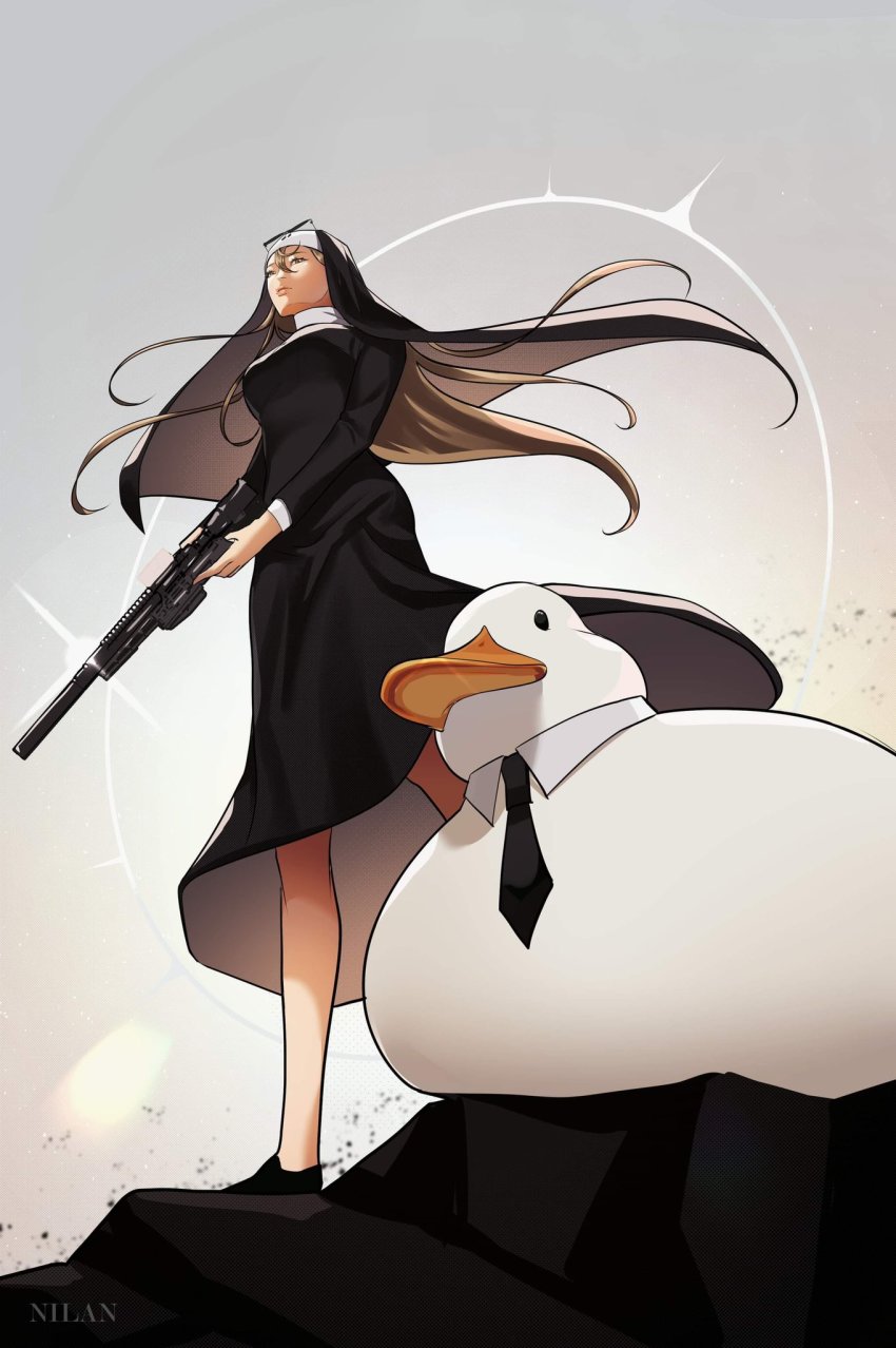 1girl, aged_up, artist_name, bare_legs, bird, black_footwear, black_necktie, blonde_hair