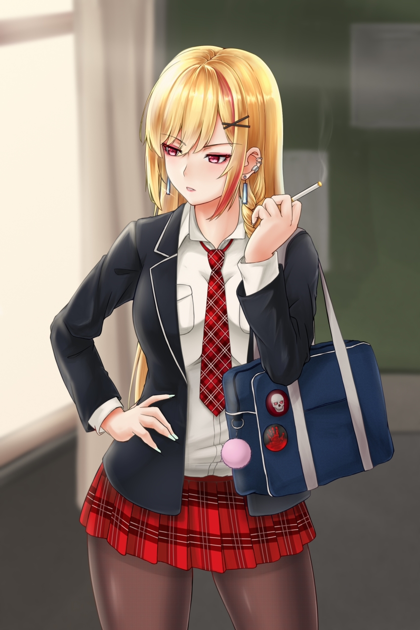 1girl, absurdres, aqua_nails, bag, black_jacket, black_pantyhose, blazer, blonde_hair
