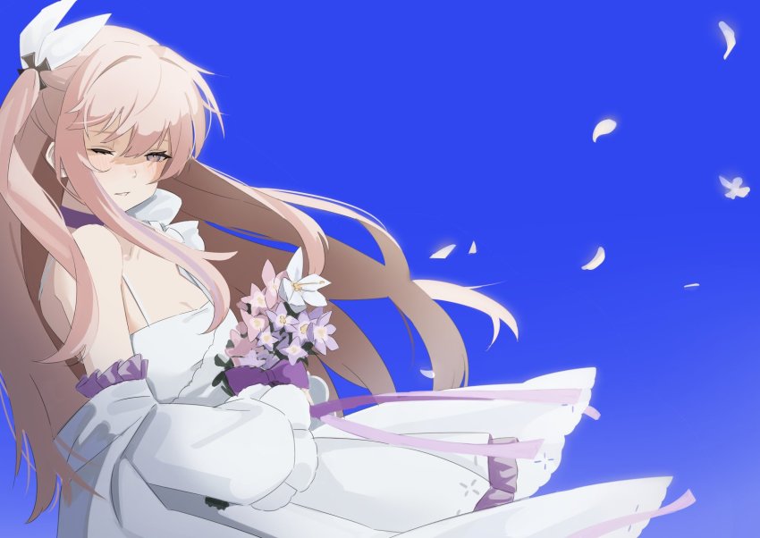 1girl, blue_background, choker, dress, flower, girls'_frontline, hair_flower, hair_ornament