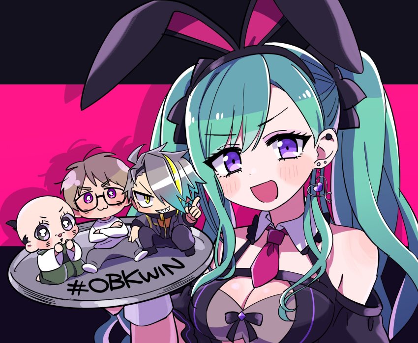 1girl, 3boys, :3, animal_ears, beard, black_hair, black_hoodie, black_pants