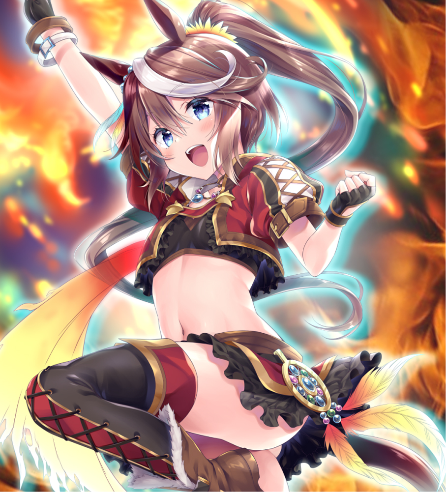 1girl, black_gloves, black_thighhighs, blue_eyes, brown_hair, commentary_request, cowboy_shot, crop_top