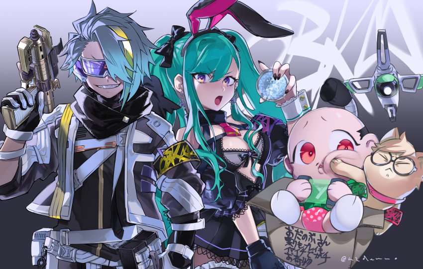 1girl, 2boys, absurdres, animal_ears, animalization, apex_legends, armband, b3_wingman, baby, black_bodysuit, black_gloves, black_hair, black_pantyhose, black_scarf, blonde_hair, blue_hair, bodysuit, bow, box, breasts, cardboard, cat, cleavage, demon-za, detonator_(esports), diaper, dress, drone, earrings, facial_hair, fingerless_gloves, frown, glasses, gloves, goggles, gradient_hair, green_hair, grey_hair, gun, hack_(apex_legends), hair_bow, hair_over_one_eye, handgun, high_heels, highres, holding, holding_gun, holding_weapon, hope's_dusk_(apex_legends), indie_virtual_youtuber, jacket, jewelry, kunai, legs, lolita_fashion, medium_breasts, mukai_(detonator), multicolored_hair, multiple_boys, mustache, odanobu_(vtuber), off-shoulder_dress, off_shoulder, pants, pantyhose, purple_eyes, rabbit_ears, revolver, scarf, shoes, simple_background, skirt, smile, sneakers, solo, streaked_hair, twintails, utai_meika, virtual_youtuber, vspo!, weapon, white_background, white_gloves, white_jacket, white_pants, white_shoes, wrist_cuffs, yakumo_beni, yakumo_beni_(2nd_costume)