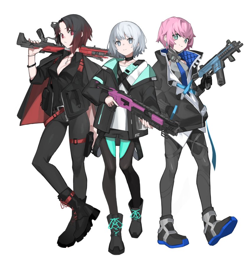 3girls, absurdres, apex_legends, assault_rifle, balance_(superdust), black_footwear, black_hair, black_jacket