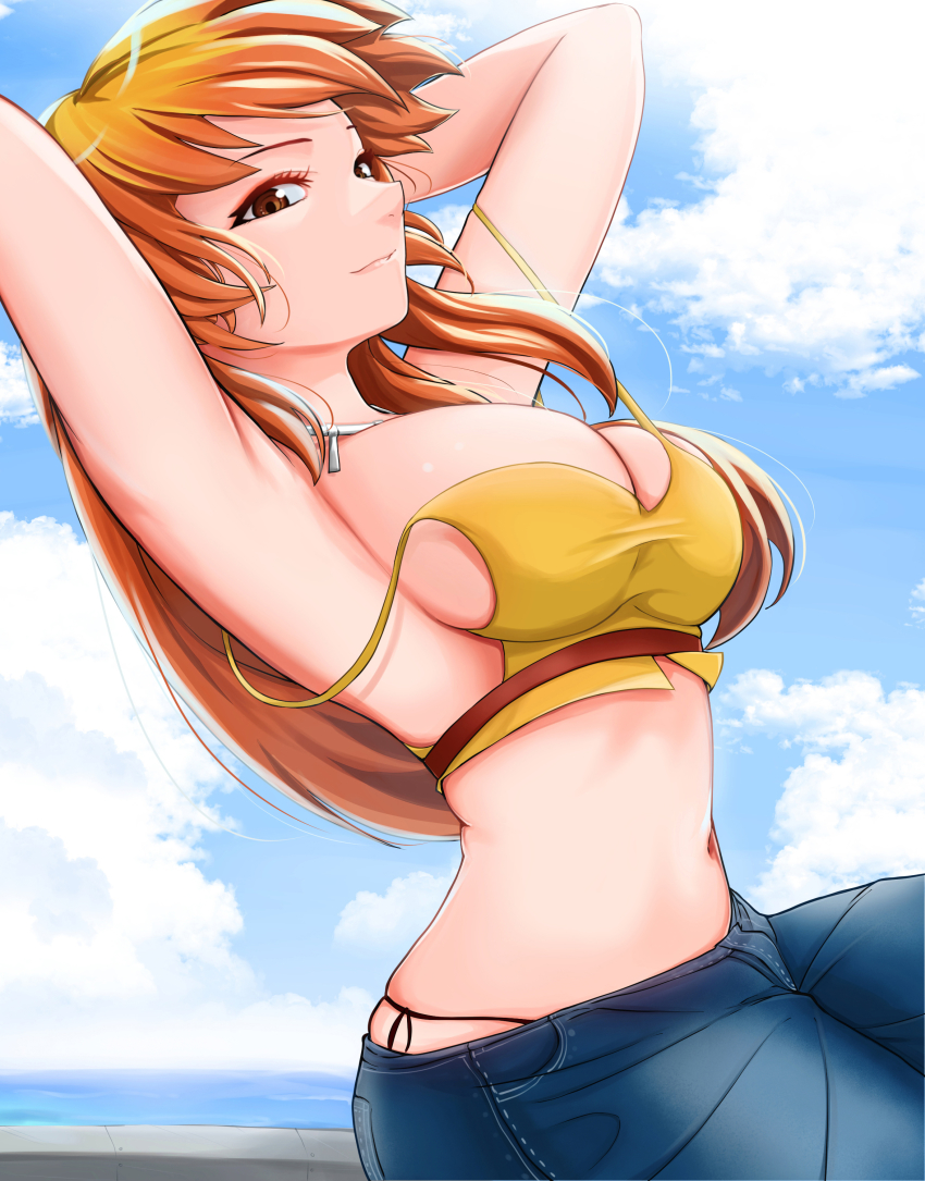 1girl, absurdres, arched_back, armpits, arms_behind_head, blue_sky, breasts, brown_eyes
